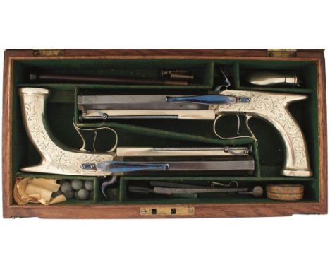 A FINE CONDITION CASED PAIR OF 50-BORE GERMAN SILVER PERCUSSION SAW-HANDLED BELT PISTOLS BY MANTON, 5.25inch richly browned s