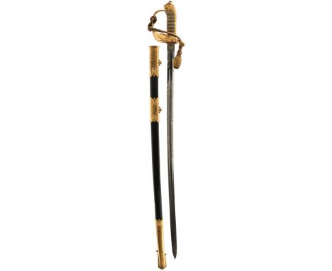 A CLEAN VICTORIAN ROYAL NAVAL OFFICER'S SWORD, 79cm curved blade by Bilney &amp; Ashdowne, etched with scrolling foliage, cro