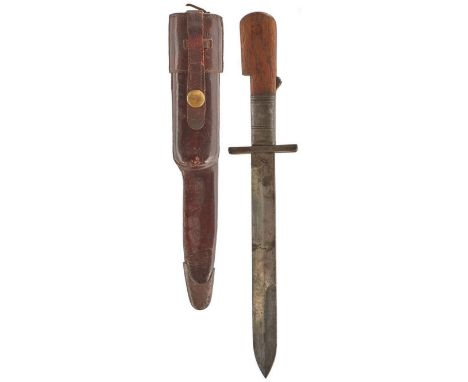 A 19TH CENTURY FOLDING BOWIE KNIFE, 19cm flattened diamond section blade, steel hilt with wooden grips, contained in its stee