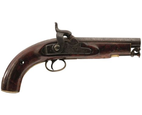 A 25-BORE PERCUSSION COAST GUARD PISTOL, 6inch barrel, border engraved stepped lock stamped with a crown over VR and TOWER 18