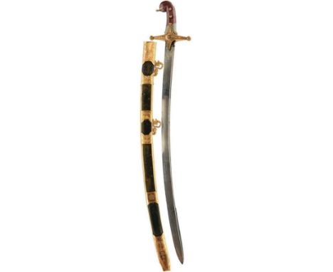 AN ORNATE AGATE HILTED PRESENTATION SWORD TO LORD GRENVILLE BY SALTER, 84cm curved piped back blade profusely etched with dam