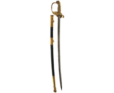A 19TH CENTURY ARGENTINIAN NAVAL OFFICER'S SWORD, 68cm pipe backed blade with spear point, profusely etched with scrolling fo