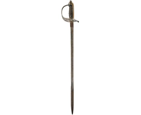 A PAIR OF LIGHT CAVALRY TYPE SWORDS FOR A CHILD, 42.5cm plated blades, lifting, etched with scrolling foliage, crowned GVIR c