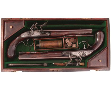 A CASED PAIR OF 18-BORE FLINTLOCK DUELLING PISTOLS BY BLACKWELL OF DUBLIN, 9.5inch sighted octagonal barrels, border and foli