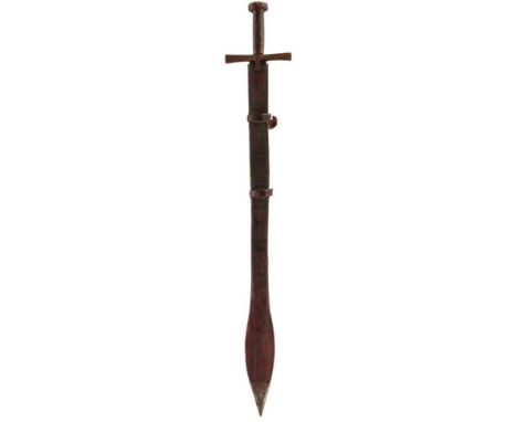A 19TH CENTURY NORTH AFRICAN KASKARA, 85cm triple fullered broadsword blade, probably European, characteristic hilt with spat