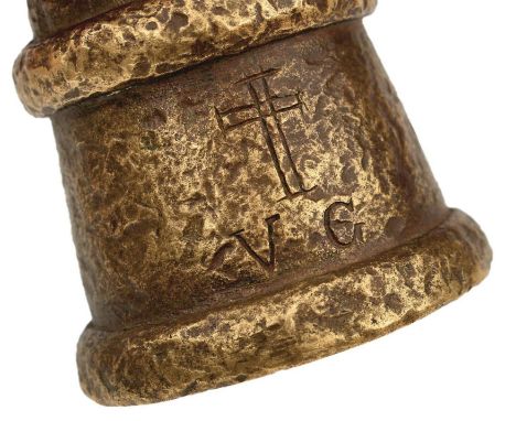 A 16TH OF 17TH CENTURY CAST LATTEN FLARE OR PYROTECHNICS CANNON, 4.75inch two-stage tapering barrel with ring turned muzzle, 