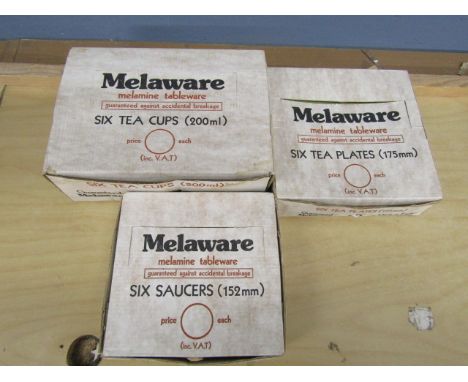 Mid century Melaware Melamine tableware, 6 tea cups, 6 saucers and 6 tea plates all boxed as new&nbsp;