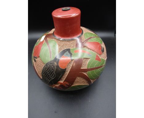 Roger Calero Nicaraguan clay pottery lamp base&nbsp; carved with relief toucans signed on base