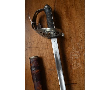 British Light Infantry cavalry sword, etched blade marked R B Rodda &amp; Co Calcutta &amp; Birmingham with leather scabbard