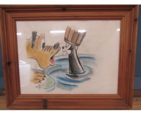 Pastel of Disney Pluto and cat signed Olly Art '04 50x43cm in pine frame