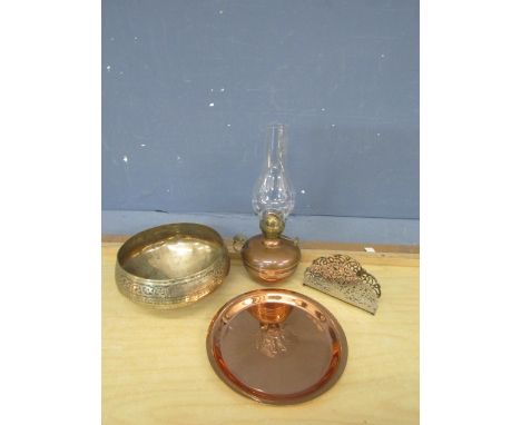 Small copper oil lamp, copper plate and letter rack etc&nbsp;