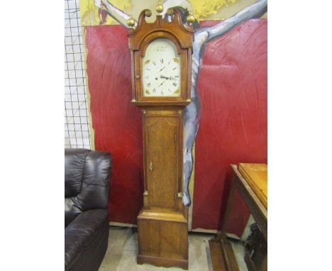 8 day Grandfather clock in oak case by Thoms Beall St Ives? enamel painted face, with weights etc in working order (cracked g