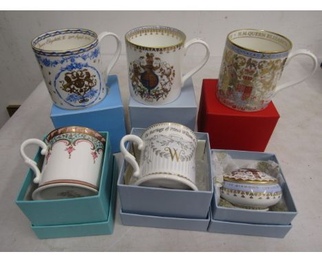 5 boxed commemorative mugs and one Sandringham trinket pot