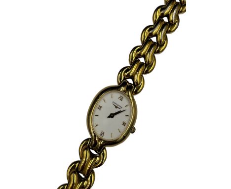 Longines Ladies gold plated stainless steel watch Reference L6 121 2 27798396, the signed white enamel dial with Roman numera
