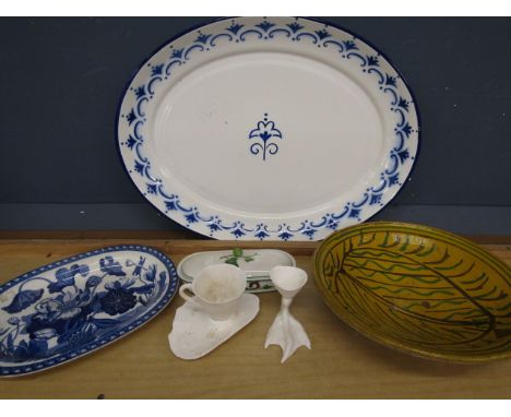 Slipware bowl, Enamel platter, vintage poppy plate with historic repair, trinket dish