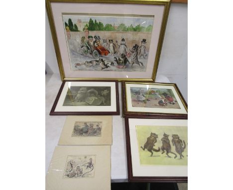 Louis Wain cat prints x 5 and 1 other in similar style
