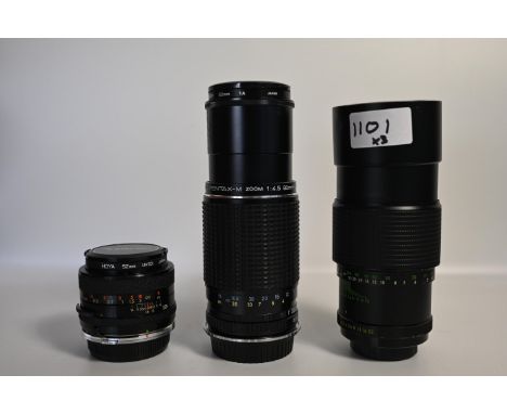 Three lenses to include SMC Pentax-m zoom 80mm-200mm, Tamron HOYA 52mm, Hanimar Auto "S" f=200mm