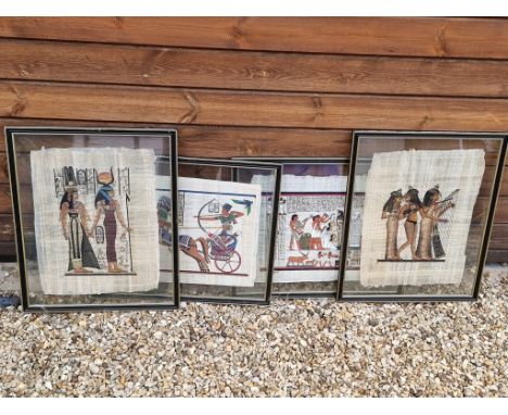 4 Large Egyptian Hand Painted pictures on Papyrus Double Glass Frames.  Each Frame has a double pane of glass so you can see 