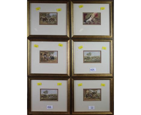 A set of twelve 19th century coloured lithographs of country pursuits, including hare coursing, farrier, fox hunting, etc, 8 