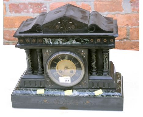 A Victorian variegated and black Belgian marble architectural clock with eight-day chiming movement, 35cm