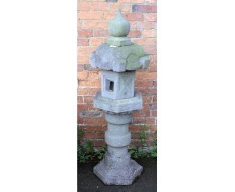 An established reconstituted stone Japanese Zen garden pedestal lantern, 150cm high