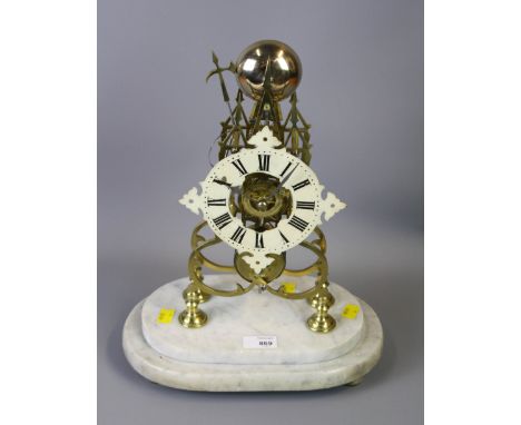 A 20th century brass skeleton clock, the bell striking eight-day single fusee movement faced by Roman dial, on a stepped oval