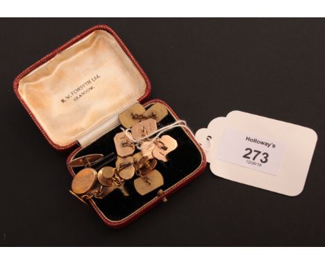 A pair of Art Deco 9ct gold cuff links, rectangular with banded engine turning and chain link connectors, and a small quantit
