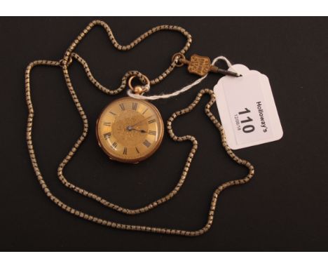 A Victorian 18ct gold open faced pocket watch, the foliate engraved dial with Roman numerals, engine-turned to reverse, the k