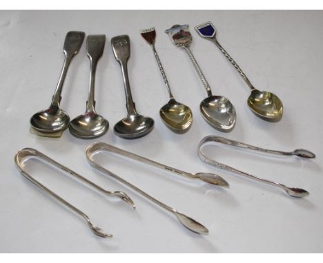 Hayne and Cater, a set of three silver mustard spoons, London 1855, three pairs of silver sugar nips and three silver souveni