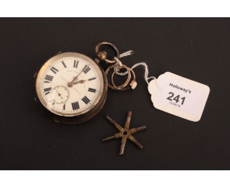 A silver open faced pocket watch, the white enamel dial with Roman numerals and subsidiary seconds at six  o'clock, key wound