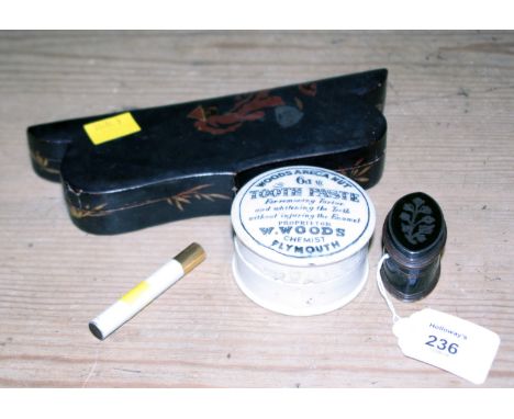 An 18th century silver on copper lidded box of navette form, an early 20th century Japanese lacquered brush box, a Wood's Are