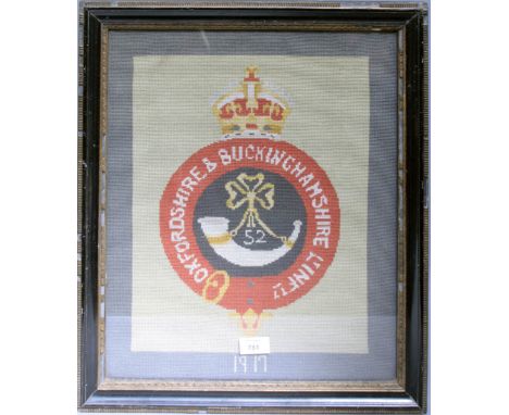 A 1917 needlepoint, Oxfordshire and Buckinghamshire Light Infantry, with regimental crest
