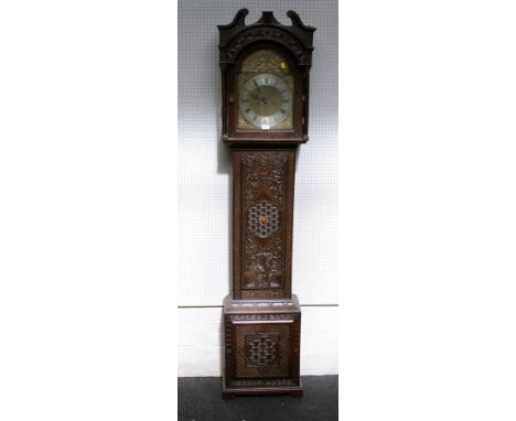 A George III oak cased 8 day longcase clock, by G Stock of London, with carved decoration, 220cm
