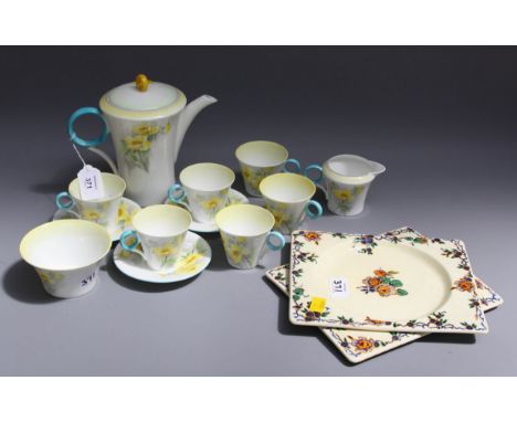 An Art Deco Shelley part tea service, comprising teapot, six cups, three saucers, milk jug and sugar, with ring handles decor