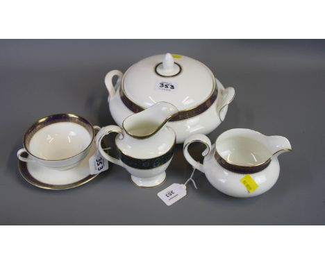 A Royal Doulton Rochelle part dinner and tea service, comprising a pair of lidded vegetable tureens, six twin handled cups, f