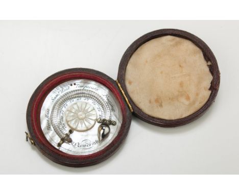 J. Newcomb, a 19th century mother of pearl pocket thermometer in a leather case, 5cm