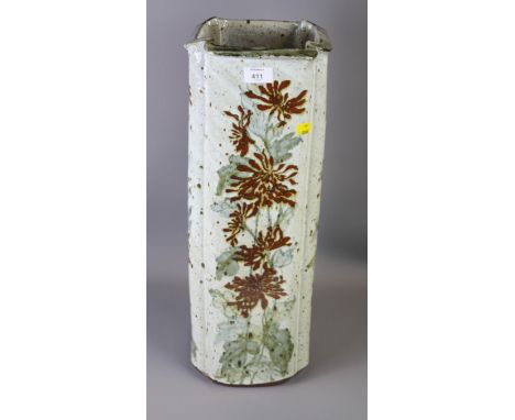 A Japanese Studio pottery stick stand, of square form, decorated with flowers, 57cm high
