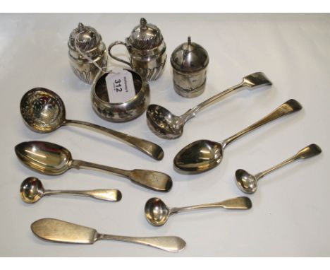 A George III sifter ladle, (marks indistinguishable), a Victorian silver fluted mustard pot and pepper, a Victorian silver bu