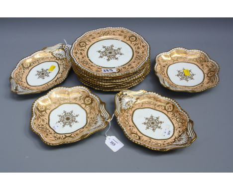 A 19th century Spode Felspar porcelain part dessert service, comprising seven 23cm diameter plates, a pair of twin handled 24