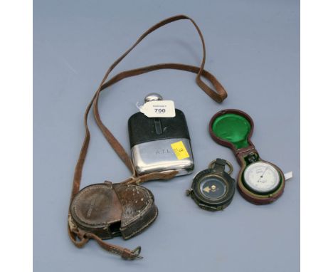 A leather cased First world war marching compass, a Dolland of London pocket barometer and a leather cased hip flask with EPN