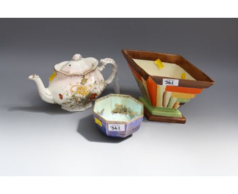 A Wedgwood 'Dragon' lustre octagonal bowl, together with a 1930s Art Deco Myott pottery diamond form vase and a Victorian por