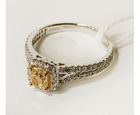 FANCY LIGHT YELLOW 0.50 CARAT DIAMOND RING WITH APPROX 1 CARAT OF DIAMONDS TO SHOULDERS