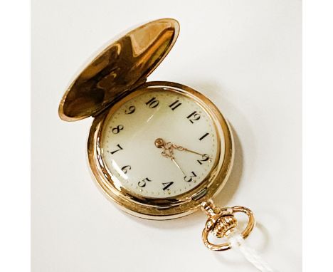 MINT CONDITION 14CT GOLD ENGINE TURNED FULL HUNTER POCKET WATCH WITH POSSIBLY GOLD HANDS (SET HANDS WITH LEVER AT 4 O'CLOCK