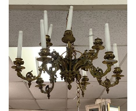 BRASS TEN BRANCH CEILING LIGHT WITH FRENCH CANDLE LIGHTS