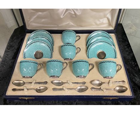 BOXED ROYAL WORCESTER COFFEE SET WITH HM SILVER SPOONS