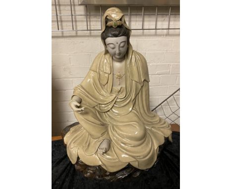 GWAN YIN DEITY (CERAMIC) POSITIAN OF ROYAL EASE IN GREAT CONDITION 45CMNS X 58CMS APPROX