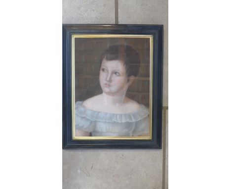 A pastel portrait of a young child, re lined - early 19th century, unsigned, approx frame size 48.5cm x 39cm - small tear to 