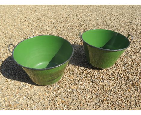 Two vintage green enamel food boilers, ideal for use as garden planters - 66cm wide including handles - in good condition 