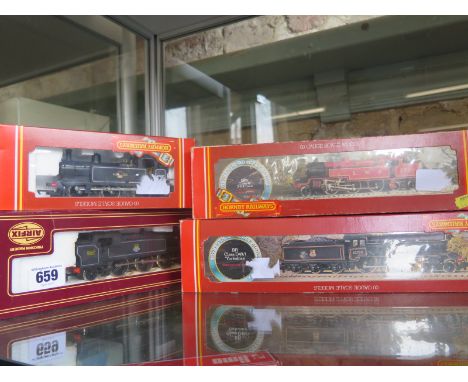 Three Hornby OO gauge locos R259, R055 and R302 and an Airfix OO gauge Prairie tank engine, all boxed 