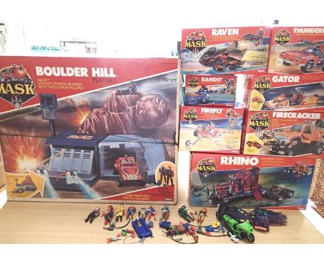 Selection of Mask by Kenner boxed items; boulder hill playset, raven, thunder hawk, bandit, gator, firefly, firecracker, rhin